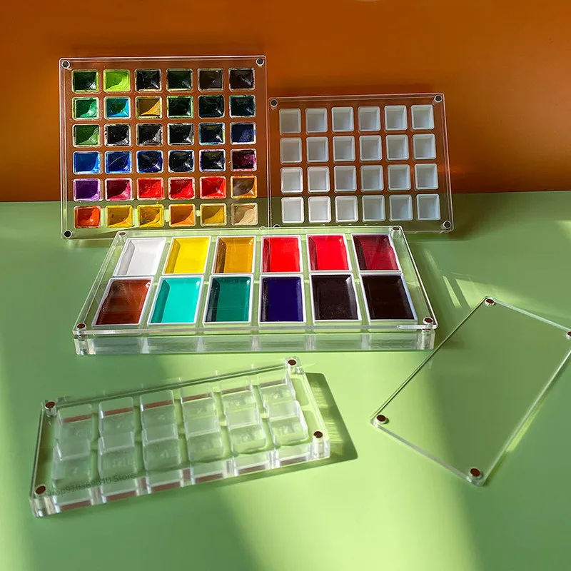 Empty Acrylic Watercolor Box Palette 24/36 Grid Portable Paint Tray Dust-proof Magnetic Transparent Box Art Supplies