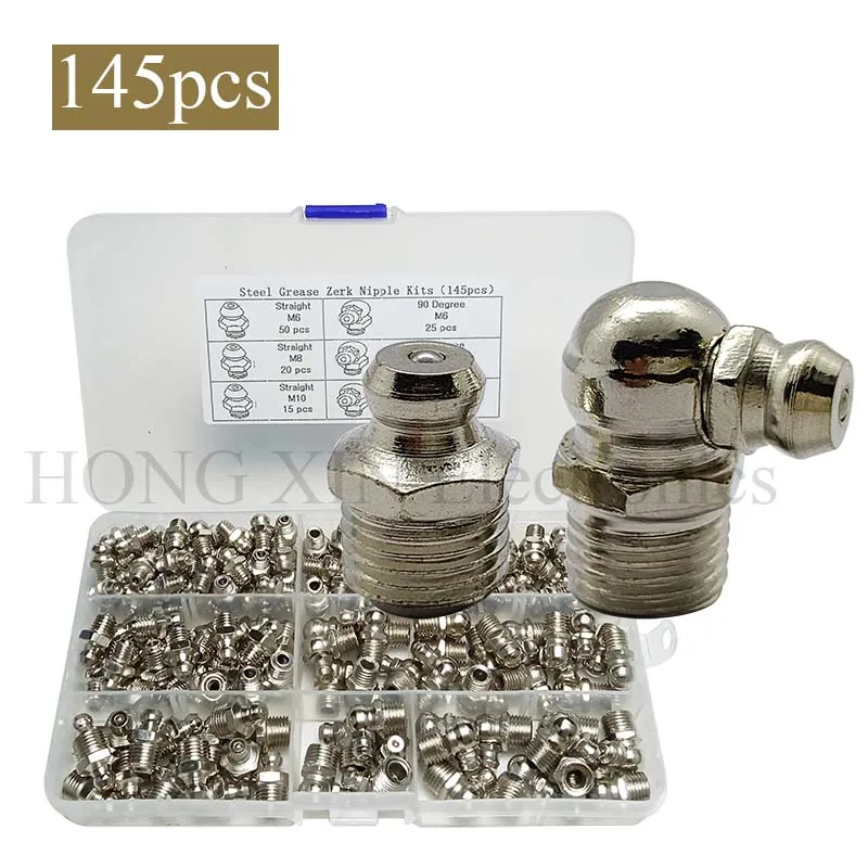 145pcs M6 M8 M10 Straight and 90 Degree Steel Zerk Fitting Grease Nipple Fittings Assortment Kit