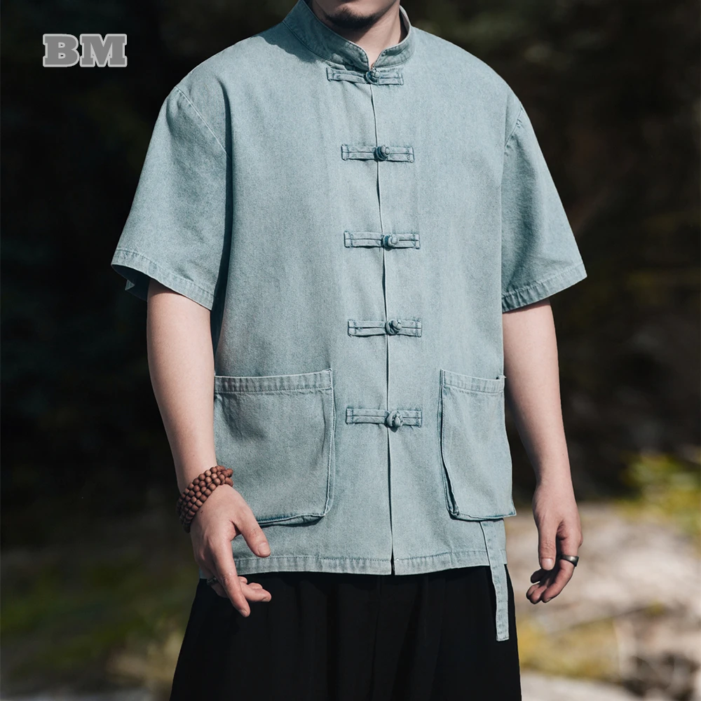 

Summer Chinese Style Denim Shirt For Men Clothing Vintage Plus Size Blue Short Sleeve Tai Chi Kung Fu Coat Casual Hanfu Tops