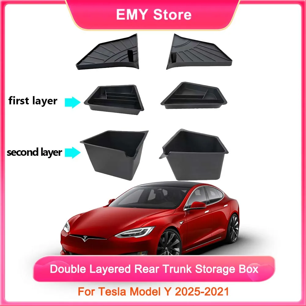 6pcs For Tesla Model Y Trunk Side Storage Box TPE Trunk Double-layer Storage Bucket 2024 Car Interior Accessories Black