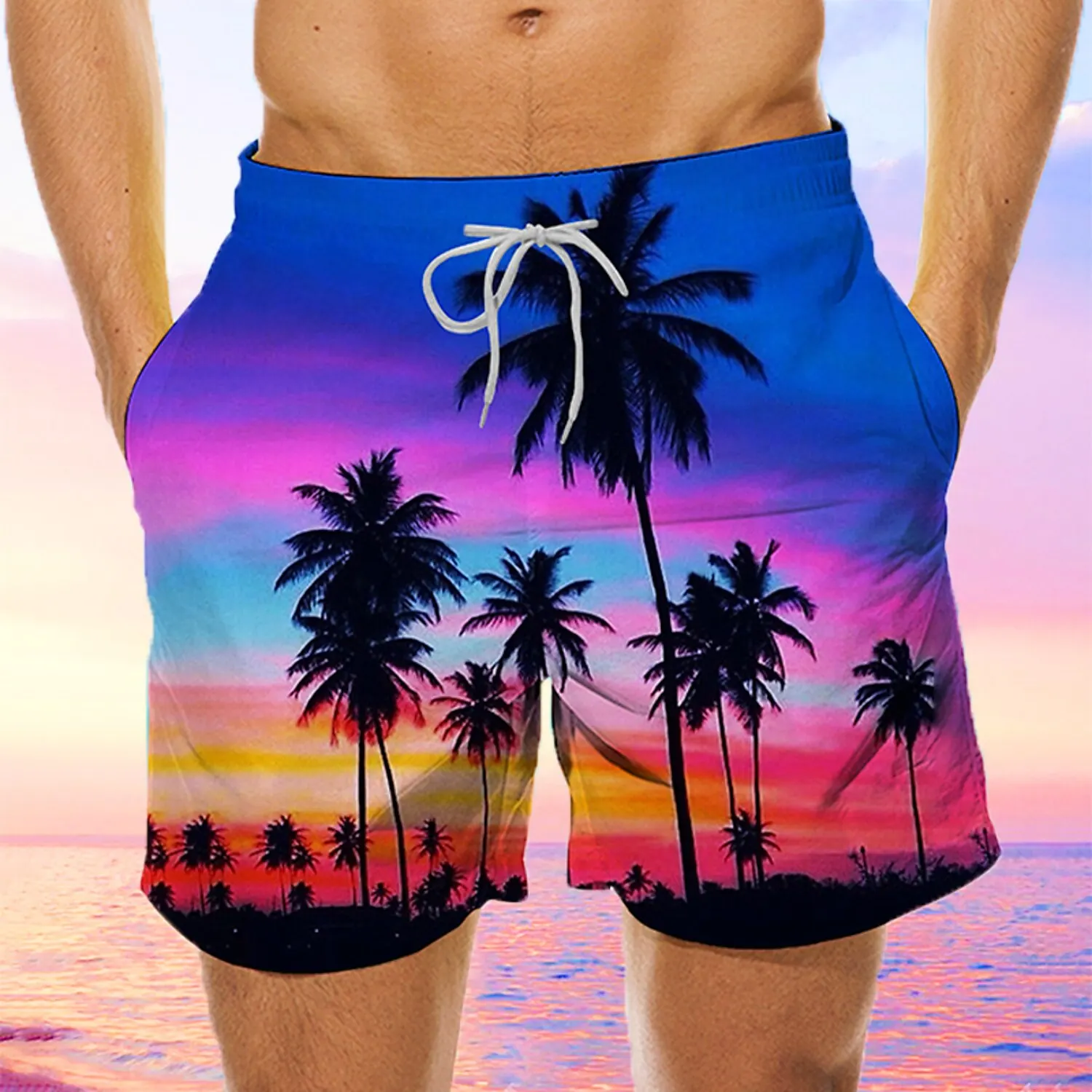 Summer Fashion Mens Swim Shorts Quick Dry Swim Trunks Coconut Tree Hawaiian Shorts Board Shorts Waterproof Beach Swimwear