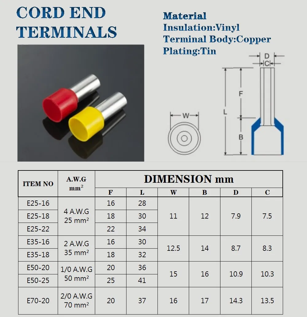 50-200PCS Pure Copper Insulated Cord End Terminals Tubular Crimp Connector E25/35/50-16/18/22 Crimp Terminal Wire Connector