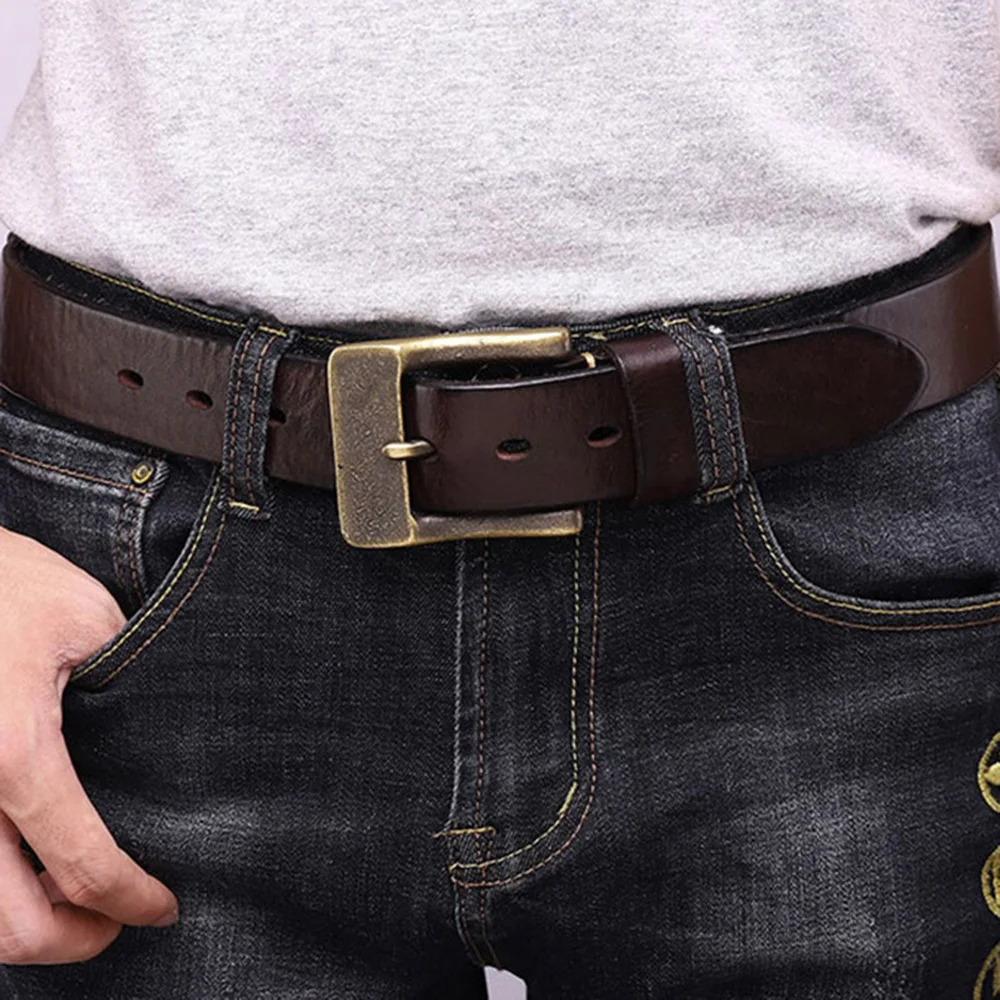 FAJARINA Top Quality Pure Solid Cowskin Leather Retro Design Brass Pin Buckle Belt for Men