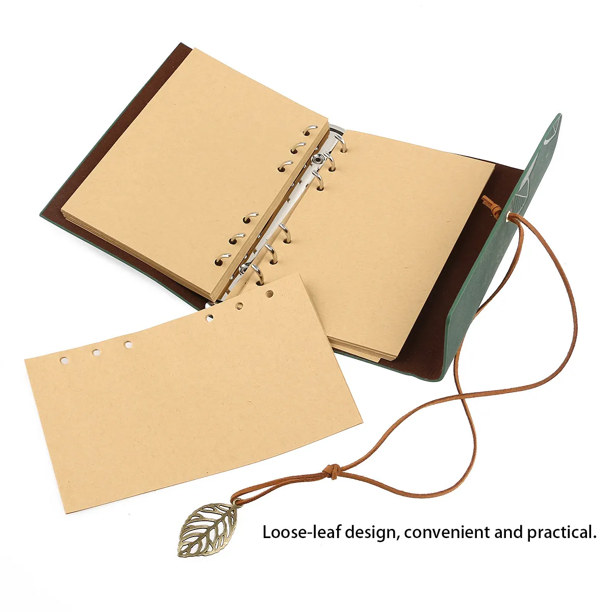 

Vintage Leaf Leaves Pattern PU Cover Loose Leaf Notebook Blank Pages Travel Journal Diary Size L Green Creative Notebook
