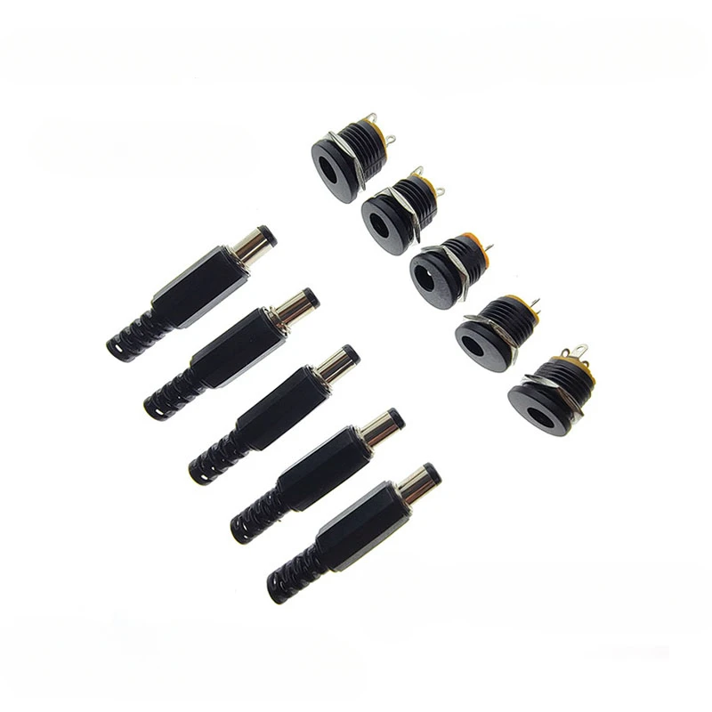 

10Pcs (5Pair) 12V 3A 5.5x2.1mm DC Power Male Plugs Connector DC Power Socket Female Jack Screw Nut Panel Mount Adapter 5.5*2.1mm