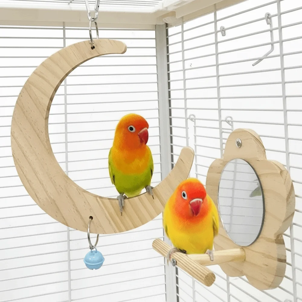 

Hanging Bird Flower Mirror Toy Moon-shaped with Bell Bird Interactive Play Toy Bite Resistant Bird Wooden Perch Cage Accessories