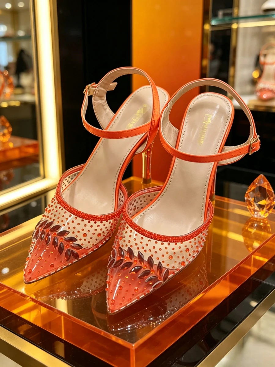 2026 Orange Transparent Mesh Rhinestone Slingback Pumps Gradient Crystal Pointed Toe Mid Heel Sandals Elegant Formal Dress Shoes