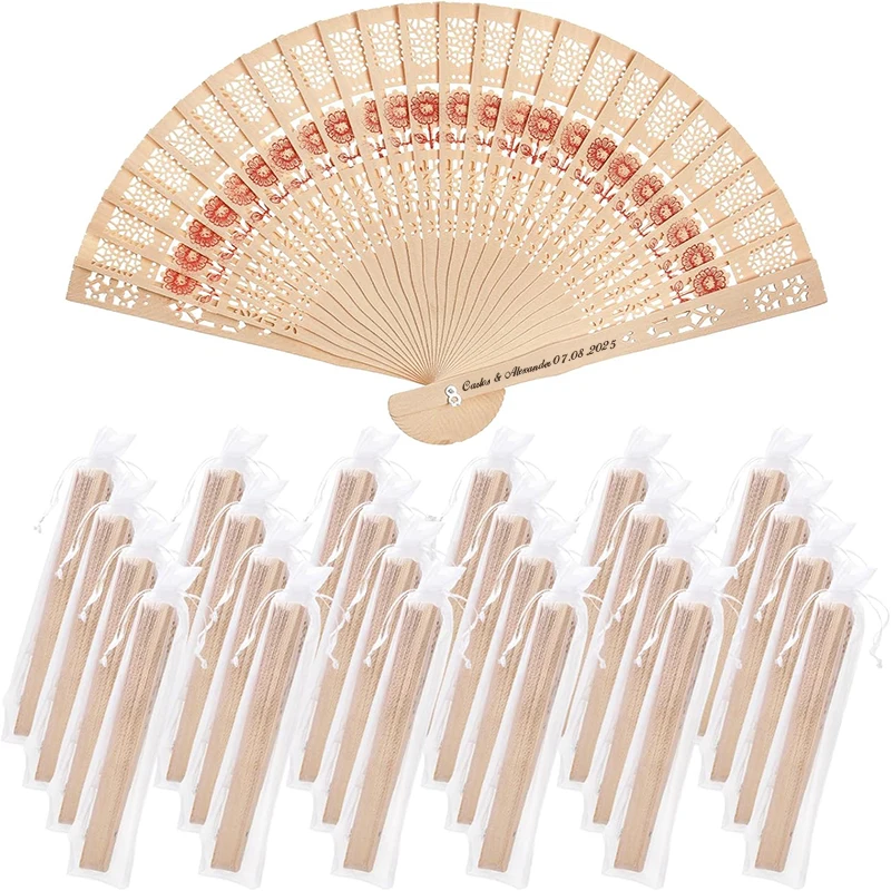 Customizable Wooden Folding Fans -Personalized Wedding, Baptism, Party Favors - Bridal Guest Gift with Organza Pouch Event Decor