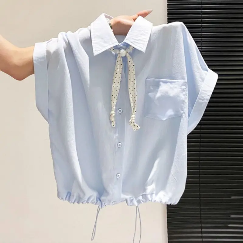 Drawstring Pockets Patchwork Solid Shirts Summer New Short Sleeve Neck Simplicity Korean Blouse Trend Office Women Clothing