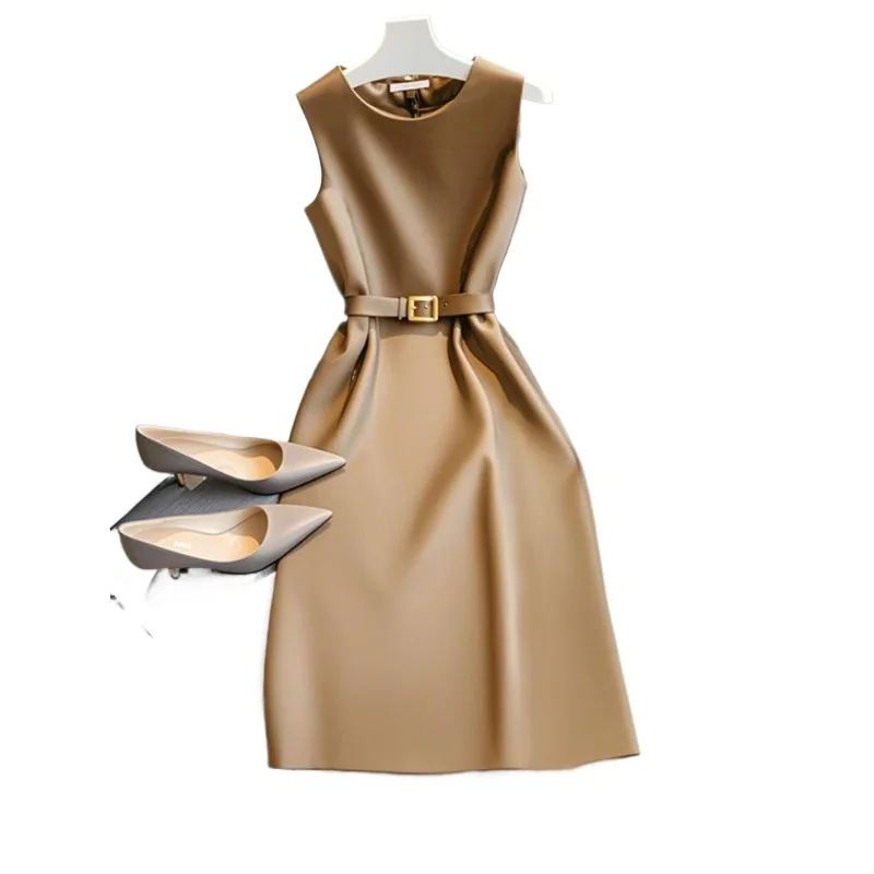 

French Royal Sister, Light and Mature Style, High-end Sense, Beautiful Temperament, Thin Khaki Sleeveless Dress, Female Summer