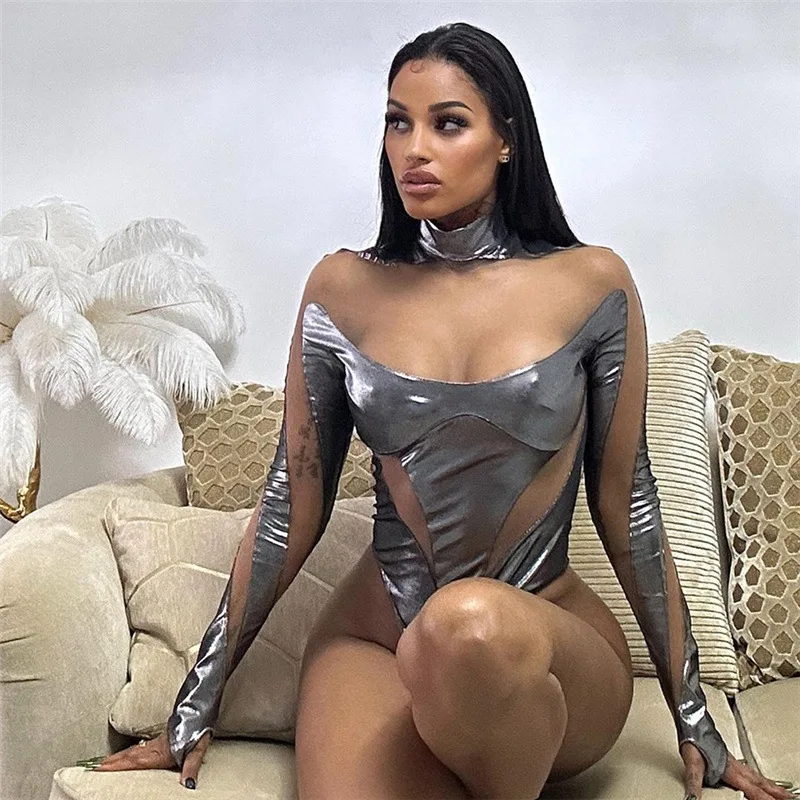 Sexy Queen Mesh Silver Strip Stitch Slim Jumpsuit For Women Girl Alien Robot Cosplay Party Zentai Bodysuit Halloween Costume