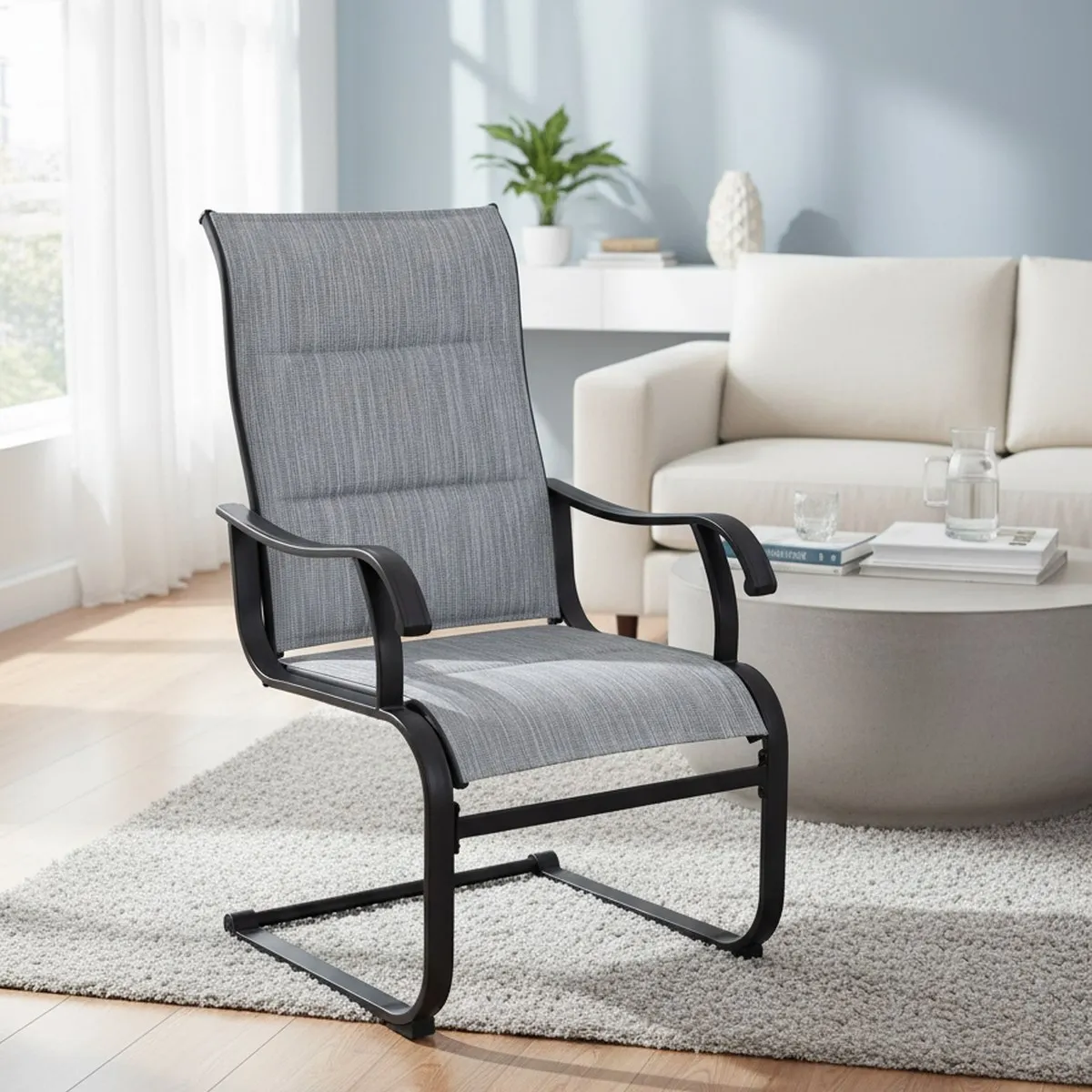 2 All Weather Outdoor Padded Textilene Dining Chairs Breathable High Back Spring Motion Grey