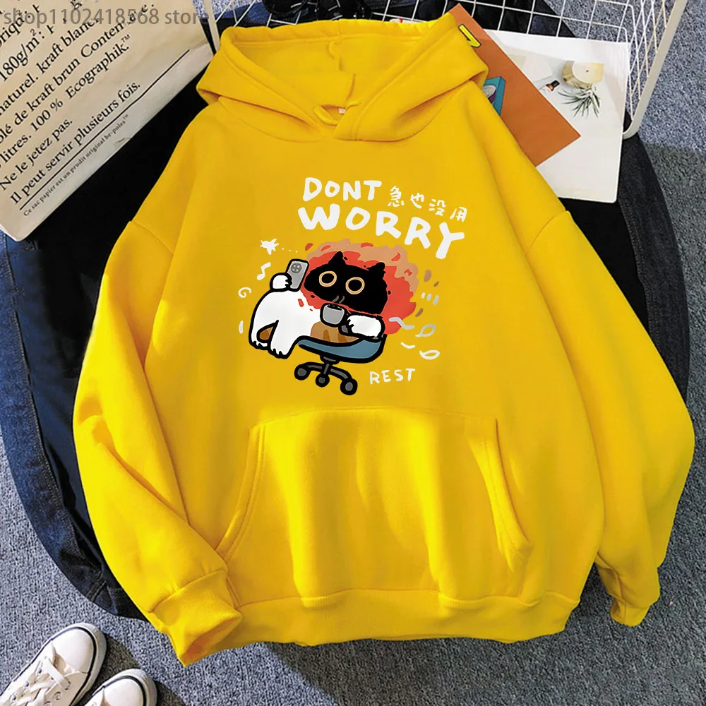 Dont Worrk Rest Hoodies สําหรับผู้หญิงการ์ตูน Kawaii Cat พิมพ์เสื้อสําหรับชายและหญิงใหม่ Casual สัตว์ Top Streetwear ผู้ชาย