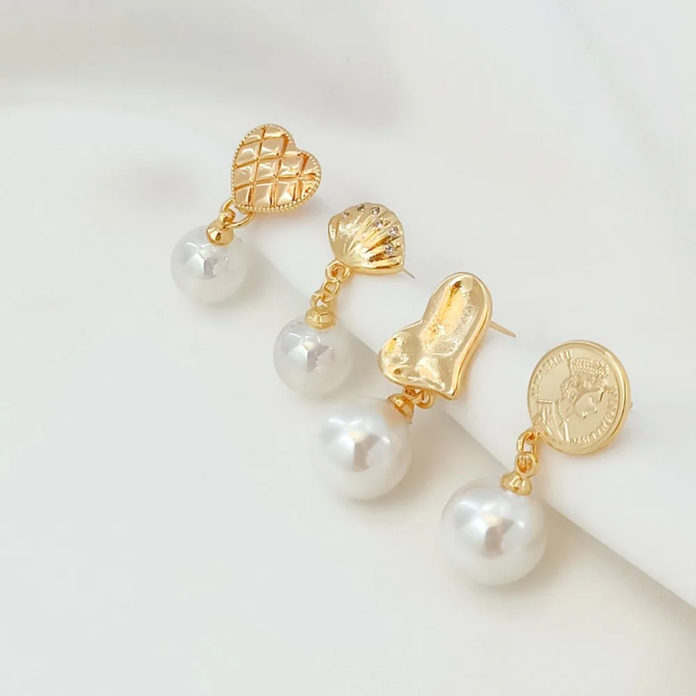 14K Gold-plated Queen Figure Irregular Heart with Zirconium Scallops S925 Earpin with Lid and Pendant Diy Earrings