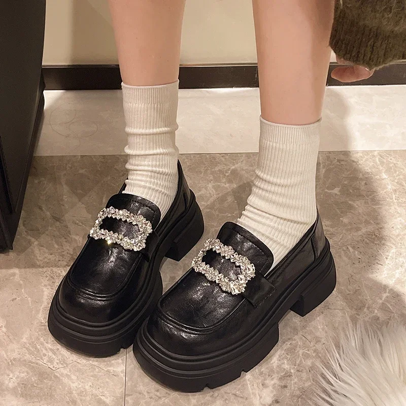 

Rhinestone Chunky Loafers Women Platform Shoes Mary Janes Casual Leather Slip on Ladies Shoes Black Fashion Spring College Style