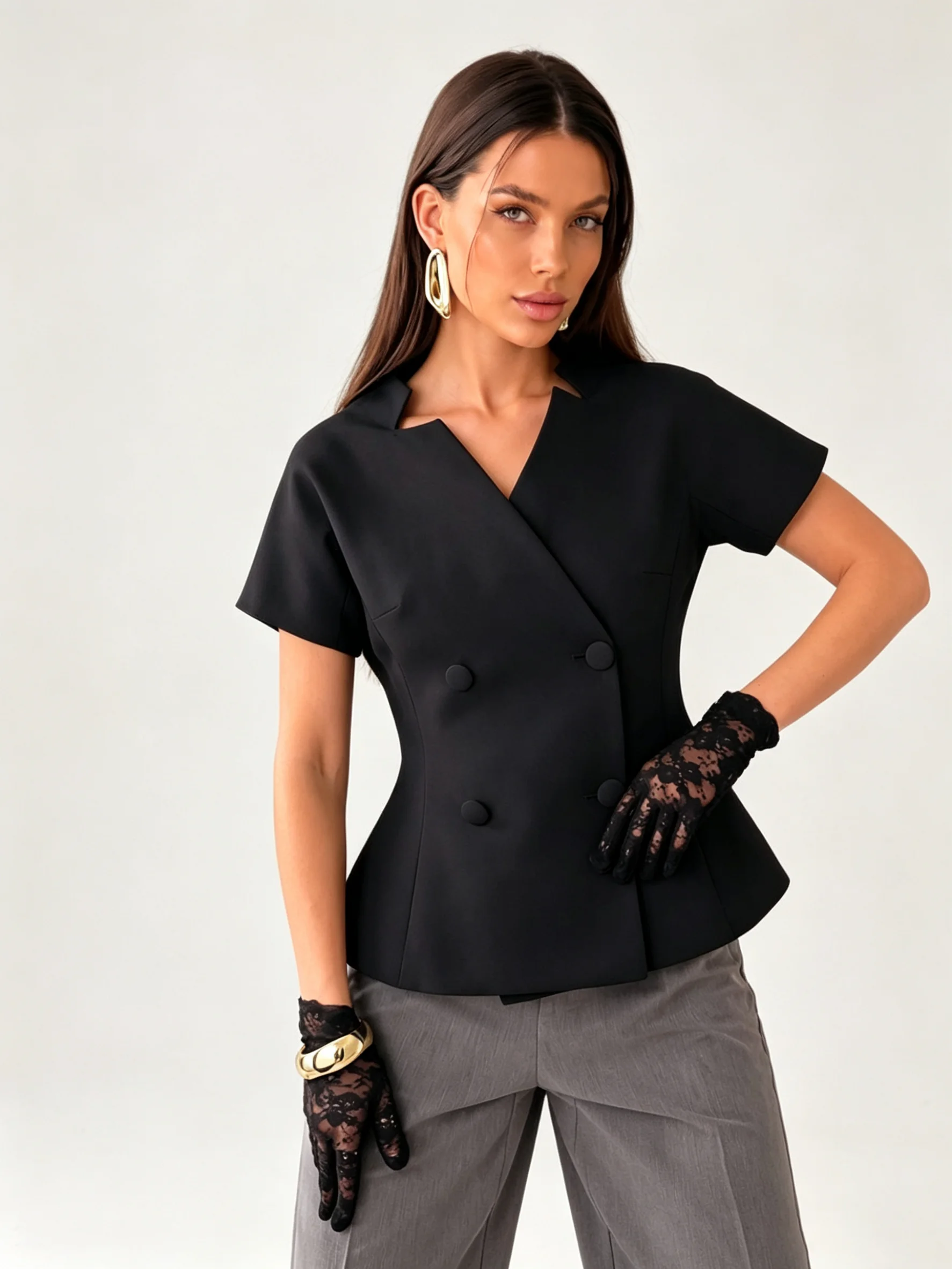 

LIMO Black Peplum Blazer Women Short Sleeve Double Breasted V-Neck Office Tailored Top
