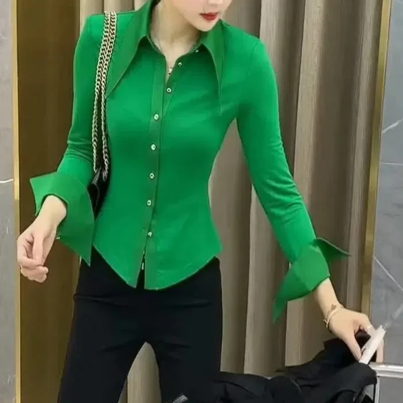 Office Lady Solid Color Elegant Early Autumn New Polo-Neck Long Sleeve Single Breasted Female Shirt All-match Breathable Tops