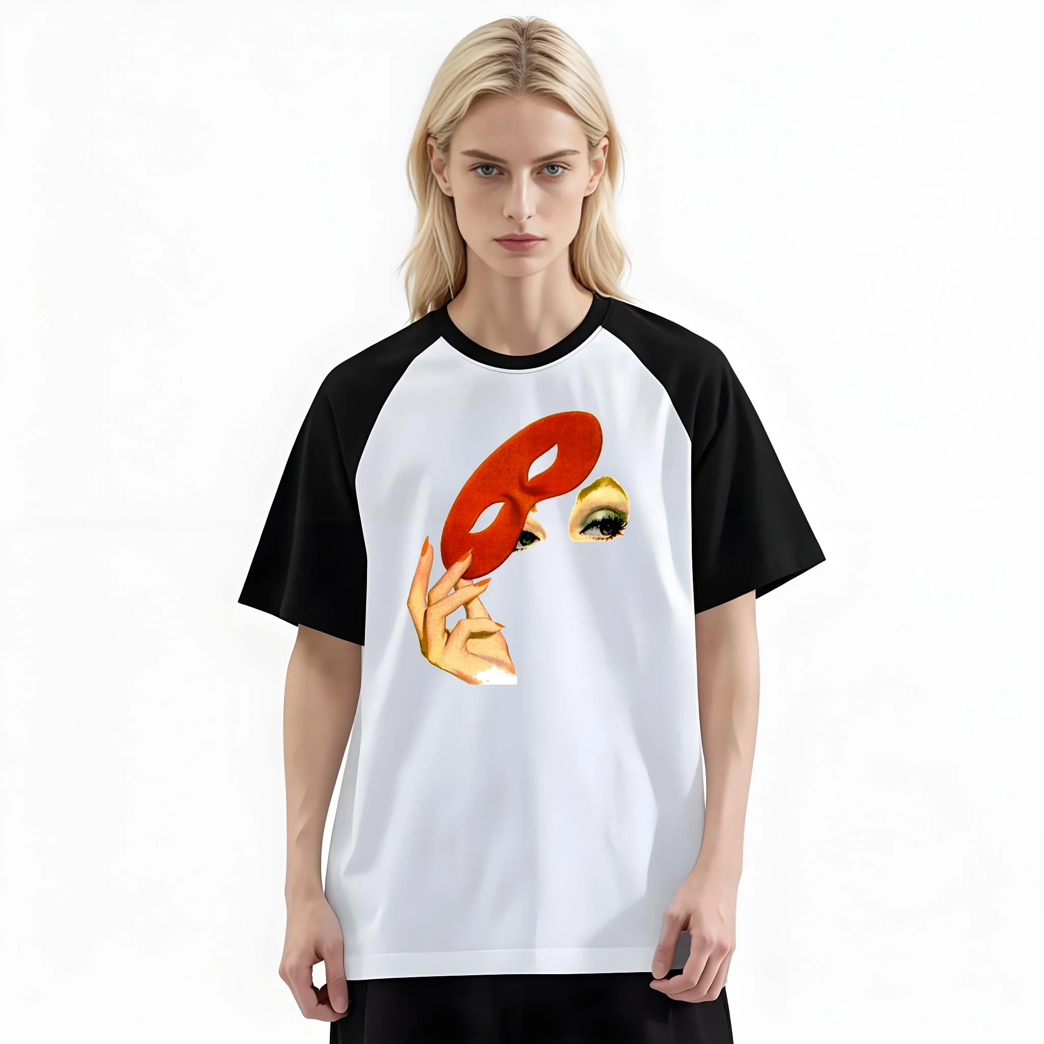 Women'S Fashion Raglan Sleeve T-Shirt, Vintage Red Masquerade Mask Lady Eyes Printed, Summer Casual Comfortable Tee, Women'S Everyday Short-Sleeve Top