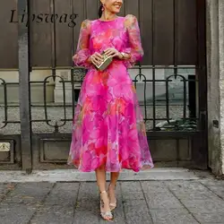 Fashion O Neck A-Line Party Dress Commuting Lady Casual Tie-dye Chiffon Long Dress Women Elegant Puff Shoulder Long Sleeve Dress