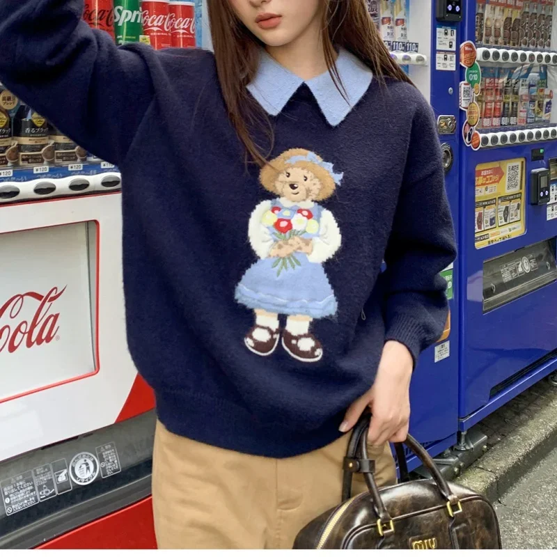 High Quality Embroidery POLO Neck Sweaters Korean Sweet Cute Bear Cartoon Jumper Pullover Winter Fashion Women Loose Casual Tops