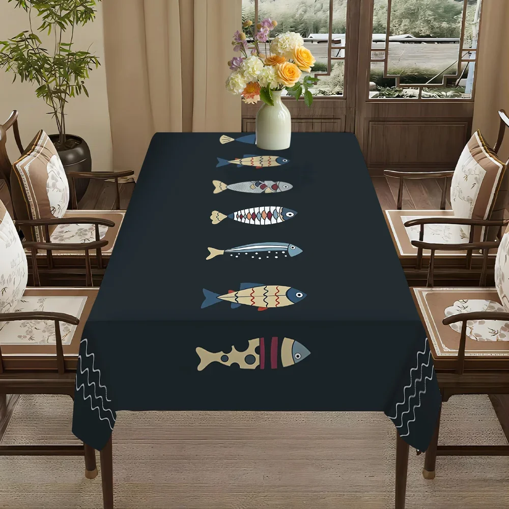 JIT + 1pc polyester tablecloth, fish-themed tablecloth, simple printed tablecloth, woven table coverxzj