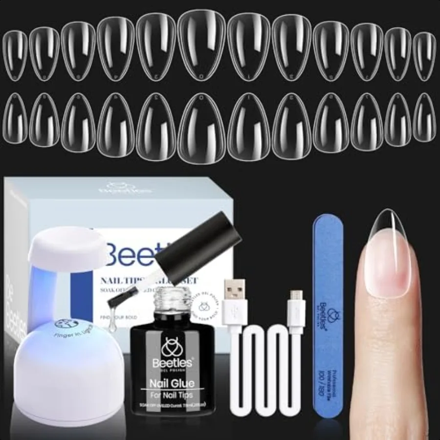 

Beetles Gel Nail Kit Short Almond Nail Tips Easy Extension Set 240 Pcs Pre Shaped Clear Full Cover Fake Nails Tips with 5 In 1