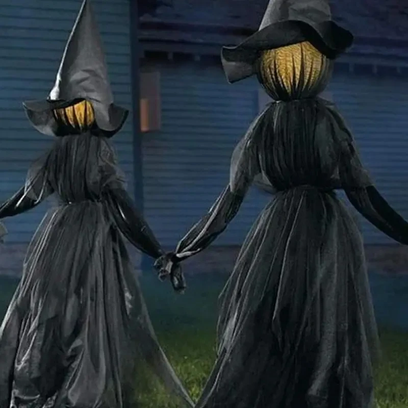 Halloween Light-Up Witches Decoration with Stakes Outdoor Holding Hands Screaming Witches Sound Activated Sensor Decor