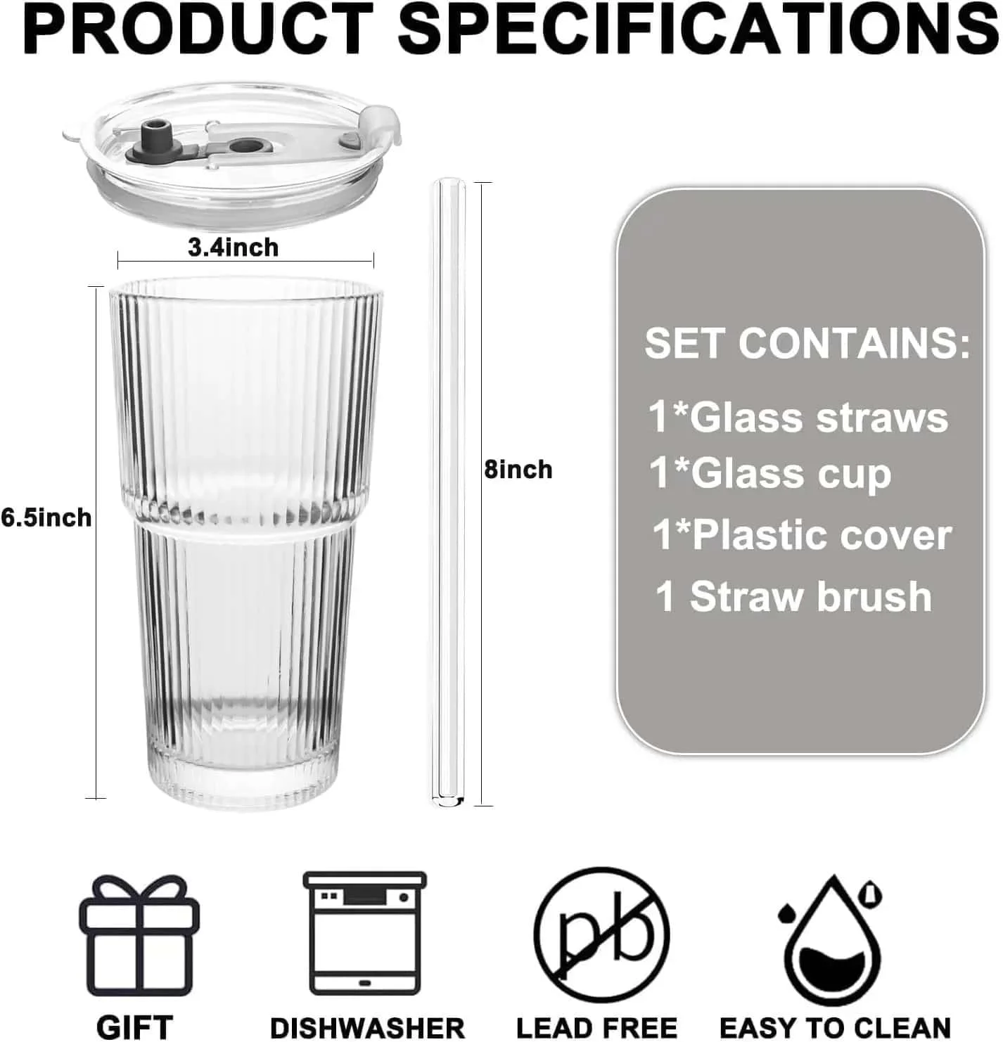 Modern Ribbed Glass Tumbler 20oz, Complete Set with Lid, Glass Straw & Brush, Spill-Resistant Design, for Office & Travel view 2