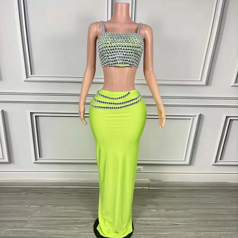 

Festival Party Prom Evening Dress Women Rhinestone Crop Tops Green Skirt Gogo Nightclub Singer Stage Costume Birthday Dress 1822