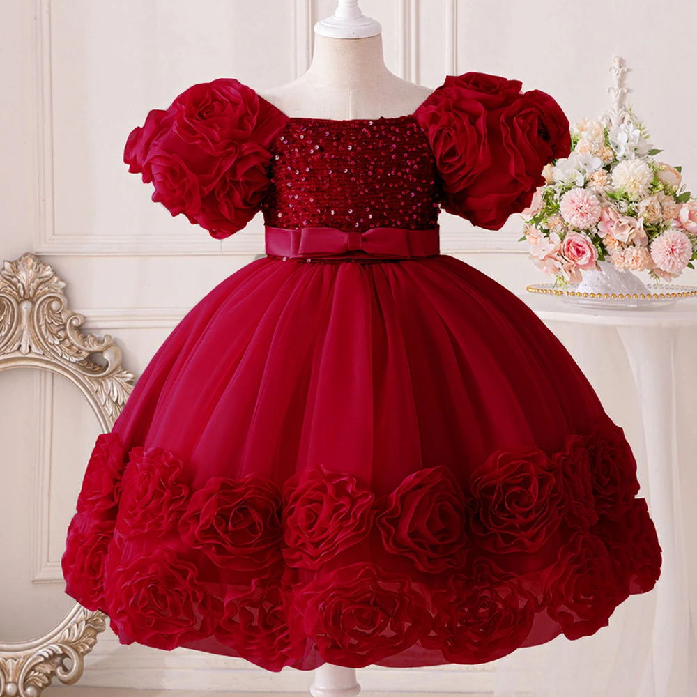 3D Flower Girls Party Princess Dress for Baby Christmas Gown 1-10 Yrs Birthday Bow Tulle Bridemaid Dresses Wedding Kids Clothing