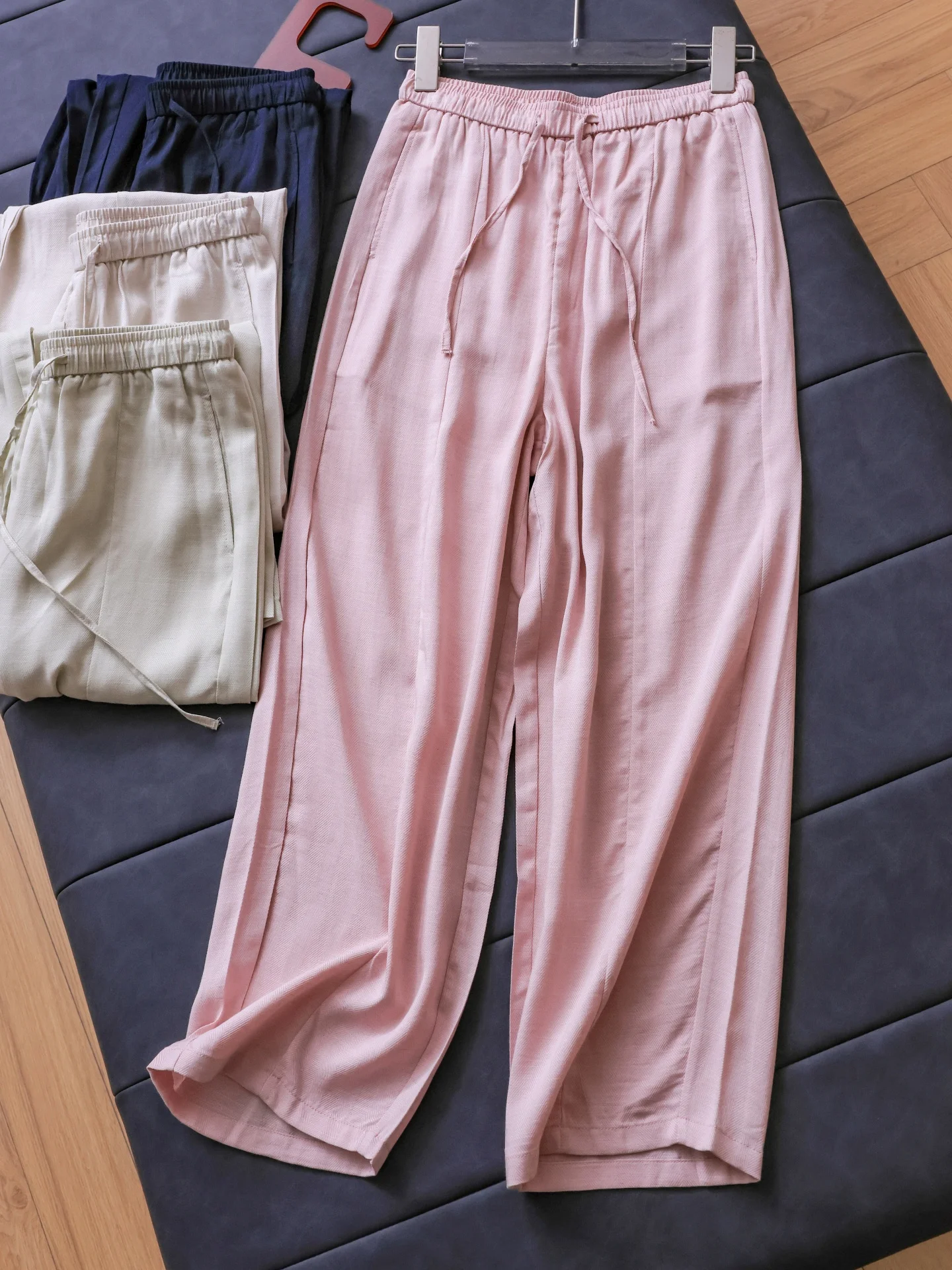 Ice Sensation Thin Wide Leg Casual Pants Pure Color Drawstring Elastic Waist Loose Straight Cut Versatile Casual Women's Pants