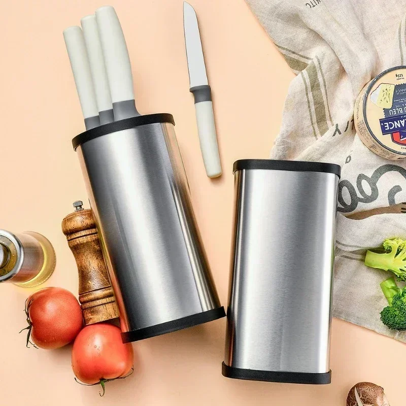 Stainless Steel Kitchen Plug Seat Knife Holder Multifunctional Storage Rack Knife Organizer Simple Style Square Round Bucket