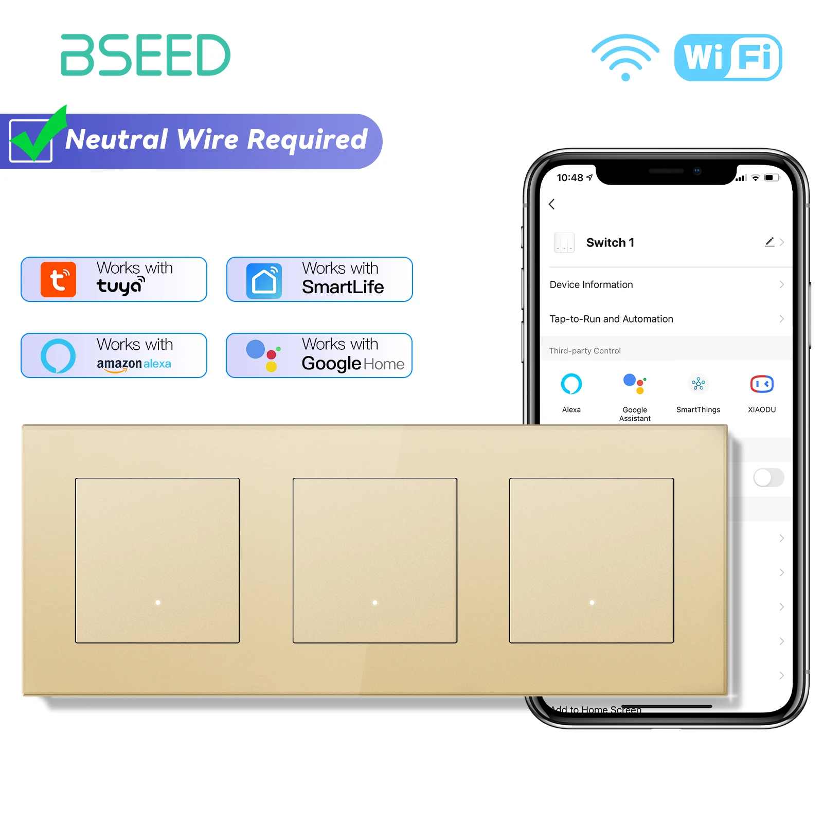 BSEED WIFI Click Switch Modules Smart Light Switch Parts Gold Glass Frame DIY Combination Wall Sockets USB Charge Key E-Series