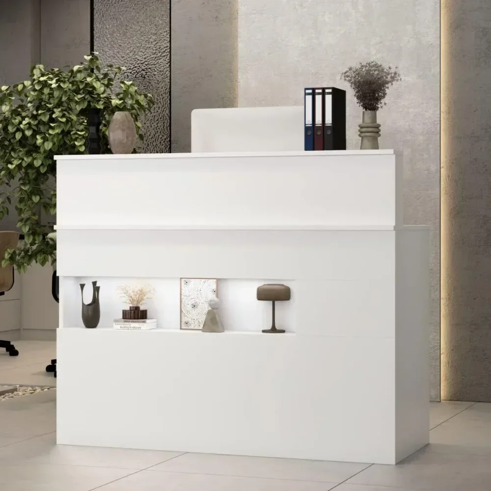 Reception Desk with Counter, Retail Counter with Lighted Display Shelf & Lockable Drawers, for Salon Reception Room Checkout