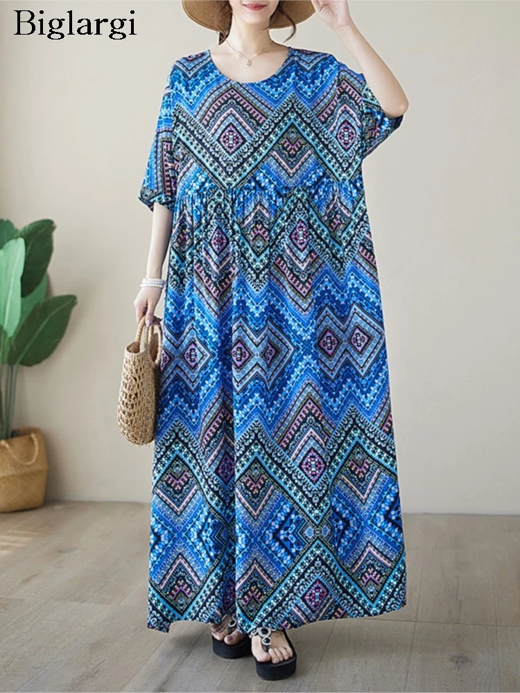 

Oversized Summer Long Dress Women Geometric Print Fashion Loose Ruffle Pleated Ladies Dresses Bohemian Style Woman A-Line Dress
