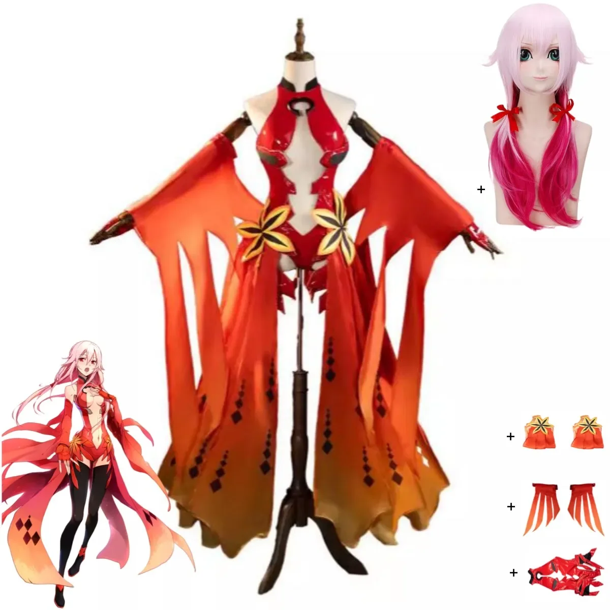 Красный топ из искусственной кожи, юбка, парик, женский сексуальный карнавальный костюм на Хэллоуин, 2025 г., аниме Guilty Crown Yuzuriha Inori, карнавальный костюм, комплект с золотой рыбкой, хит продаж