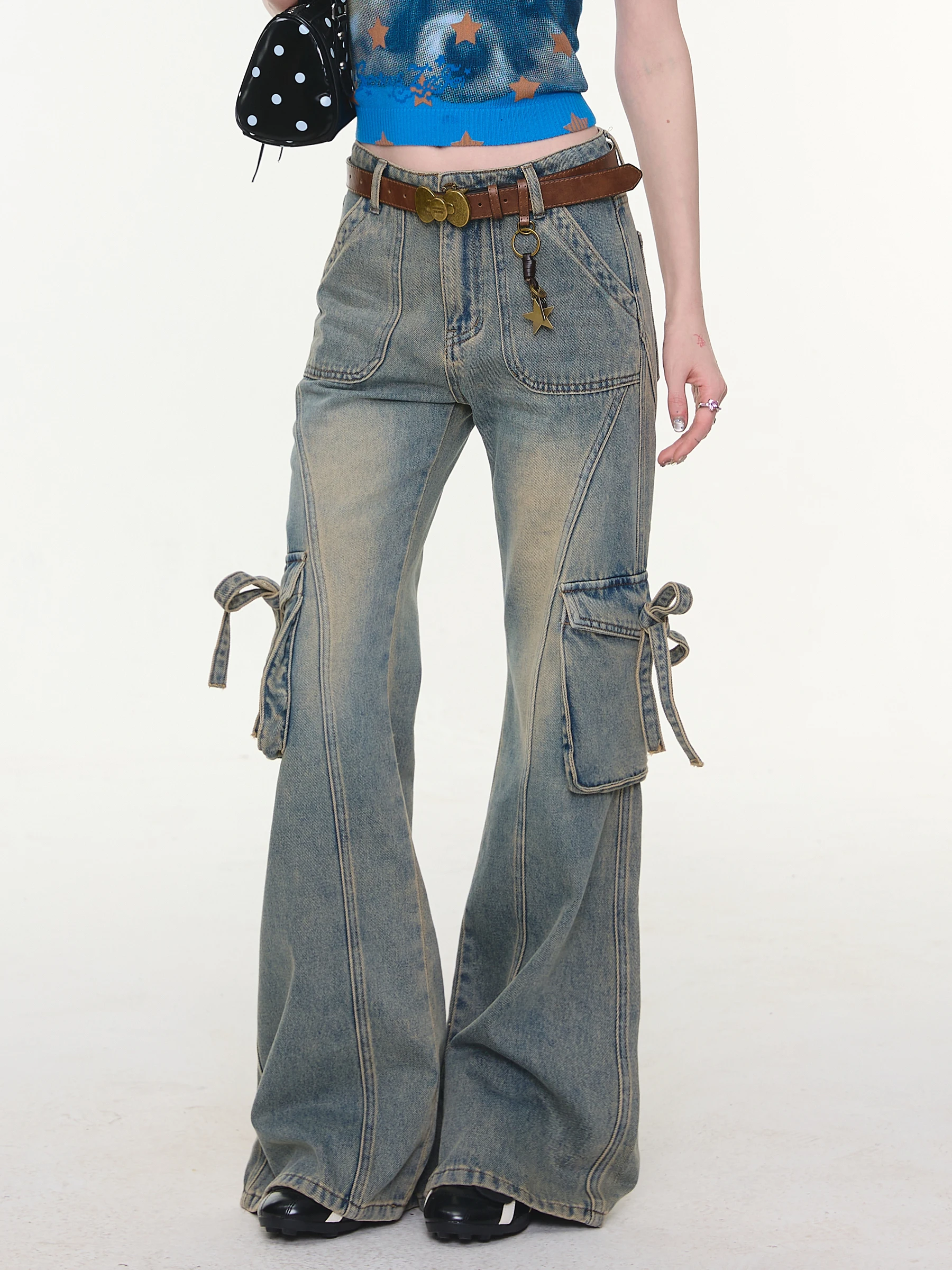 

High Waist Slimming Vintage Knot ket Workwear Feel Straight Leg Bell Bot Jeans for Women Cotton l Waist