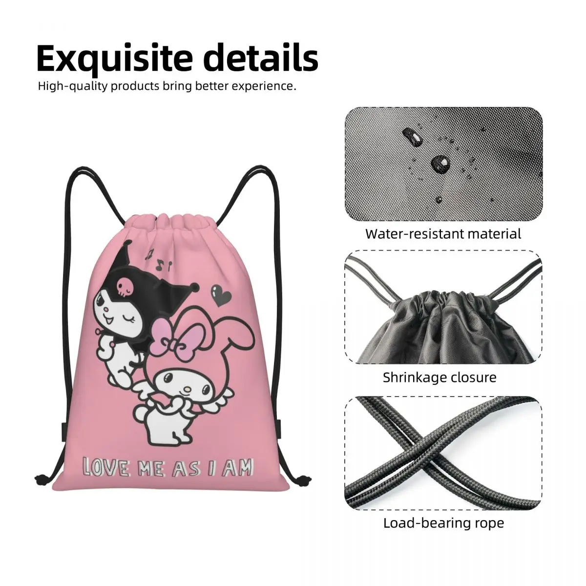 Mochila personalizada Kuromi Melody Cartoon com cordão Bolsa de ginástica esportiva para mulheres e homens Mochila de treinamento