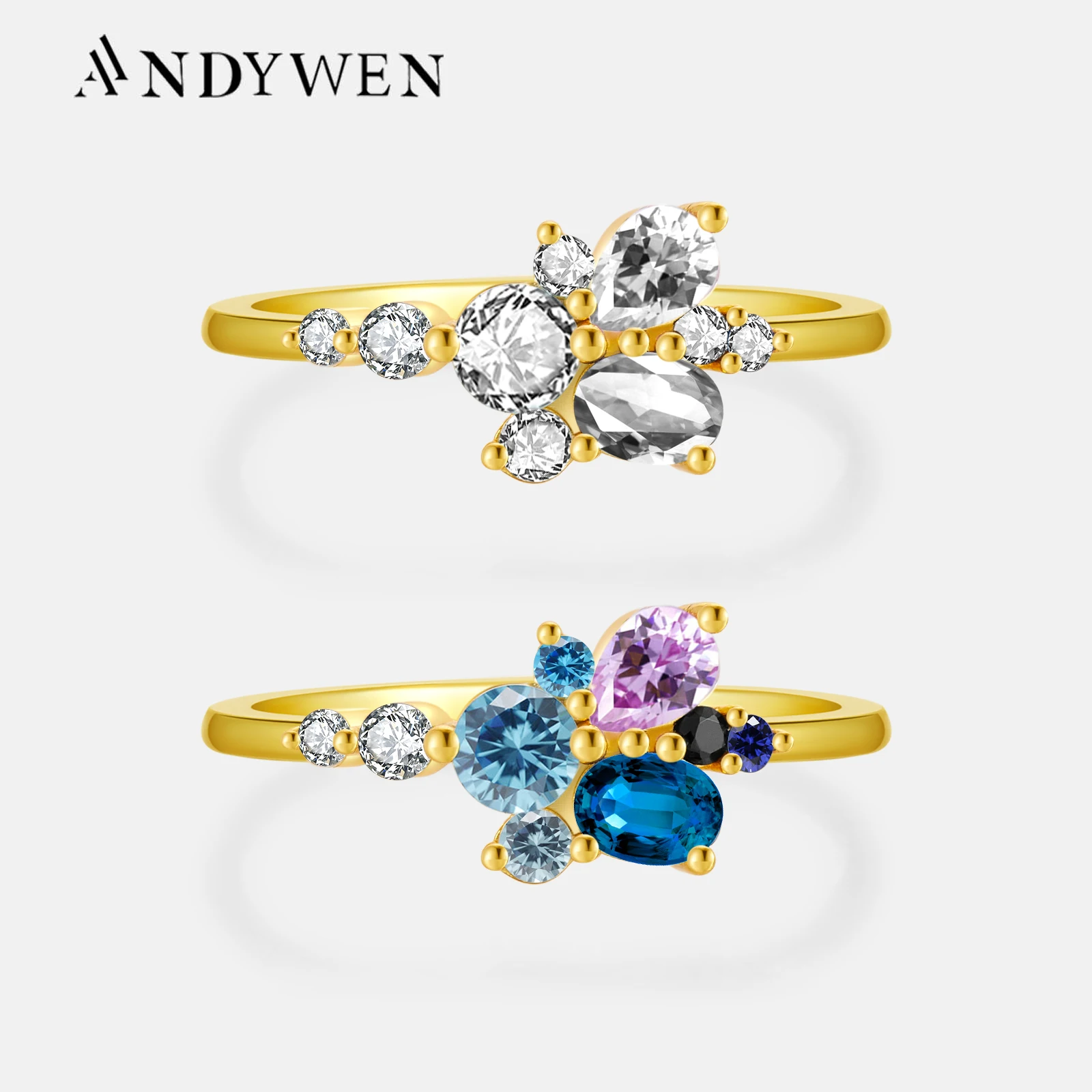 ANDYWEN 925 Sterling Silver Gold Clear Water Ring Flower Blue Circle Women Crystal New Spring 2022 Luxury Fine Jewelry