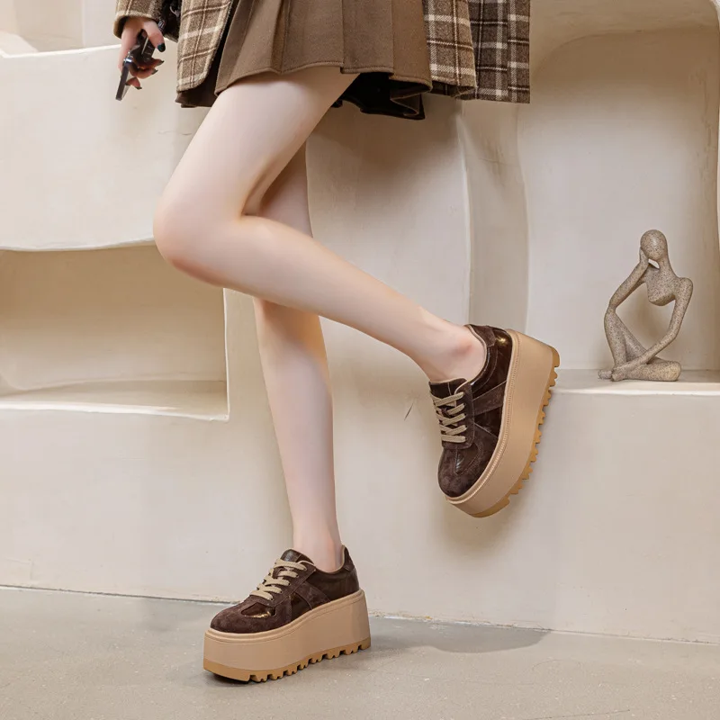 High quality 8CM Genuine Leather Breathable Fashion Chunky Sneaker Flats Booties Boots Spring Autumn Women Vulcanize Shoes view 4