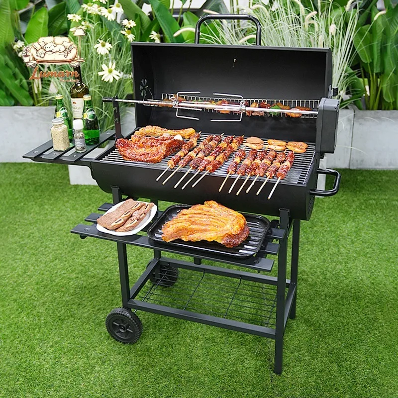 Large Rolling Barrel Charcoal BBQ Grill with Rotisserie Spit Side Shelves Storage Cart Outdoor Backyard Barbecue Grill
