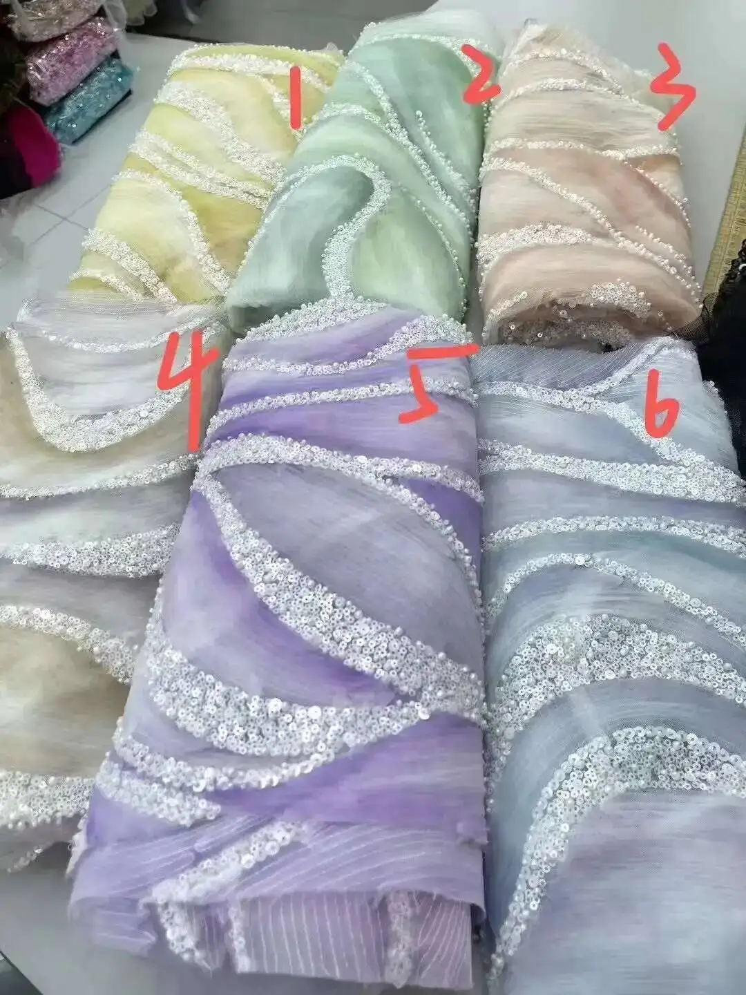 

2025 Handmade Beaded Lace Fabric France Sequins Embroidery 3D Beads Nigerian Bridal Mesh Lace Fabric for Sewing