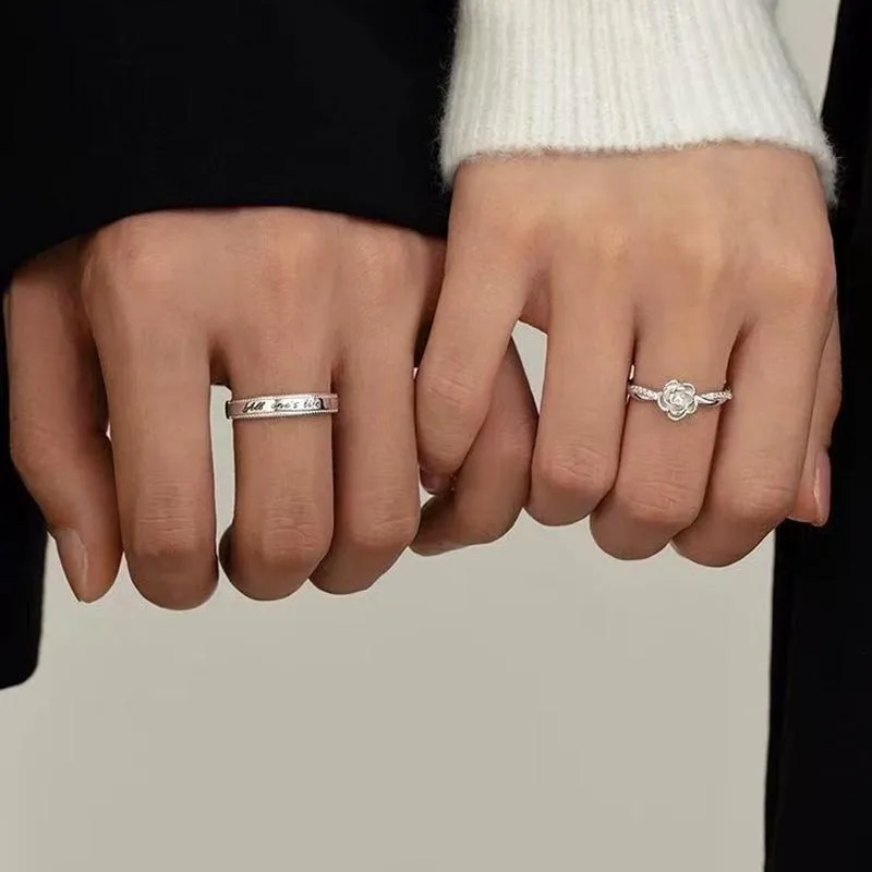 2pcs Romantic Zircon Rose and Prince Couple Rings for Man Woman Copper Metal Adjustable Paired Ring Valentine’s Day Jewelry