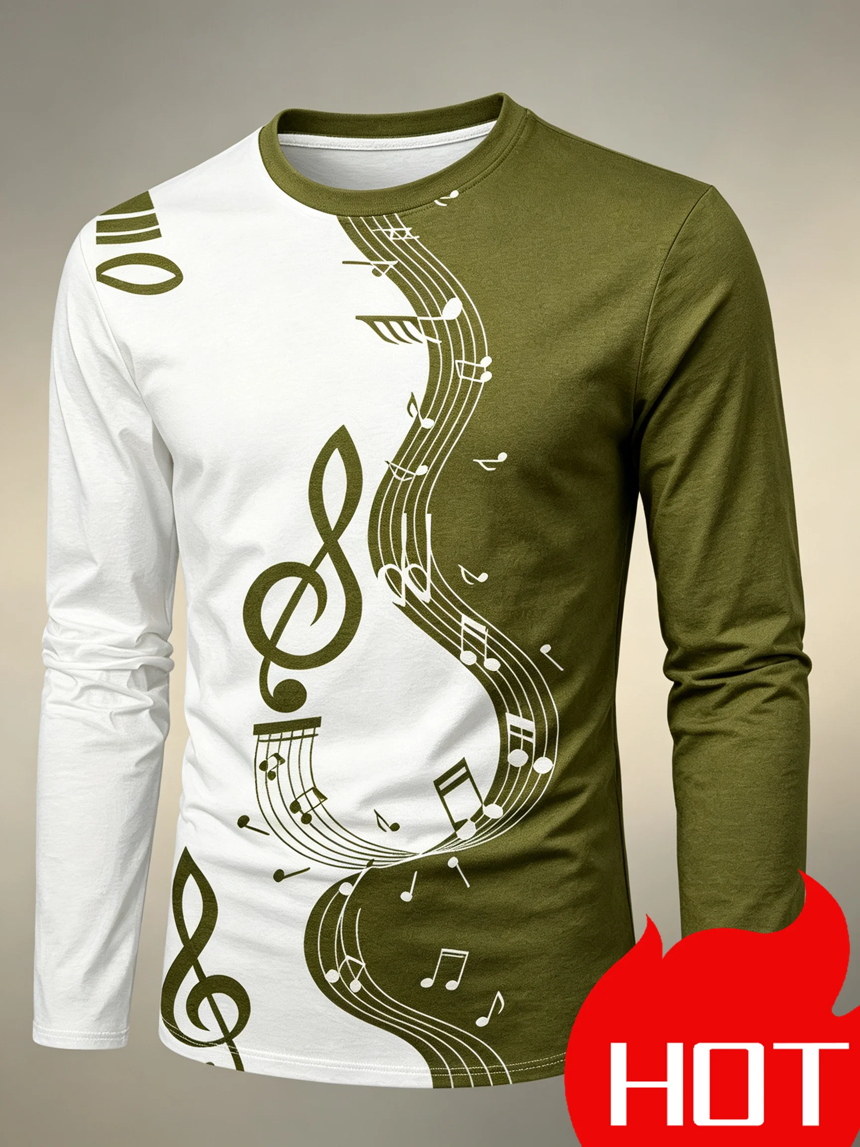 Men’s Musical Note Graphic Long Sleeve T‑Shirt, Crewneck Music Art Print Casual Street Top for Music Lovers
