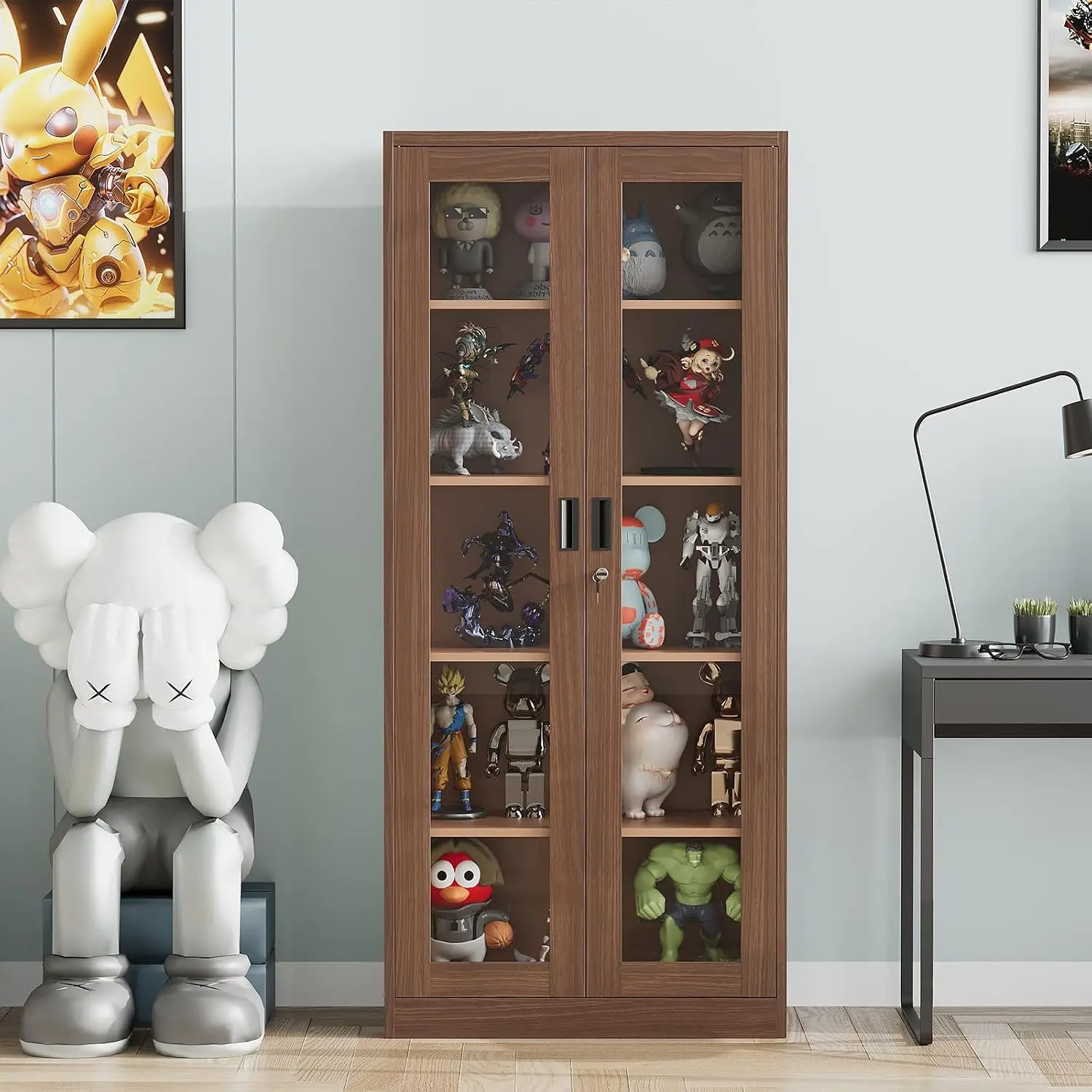 Display Cabinet with Glass Doors, Display Case Cabinet for Collectibles, Curio Display Cabinet with 4 Adjustable Shelves, 71