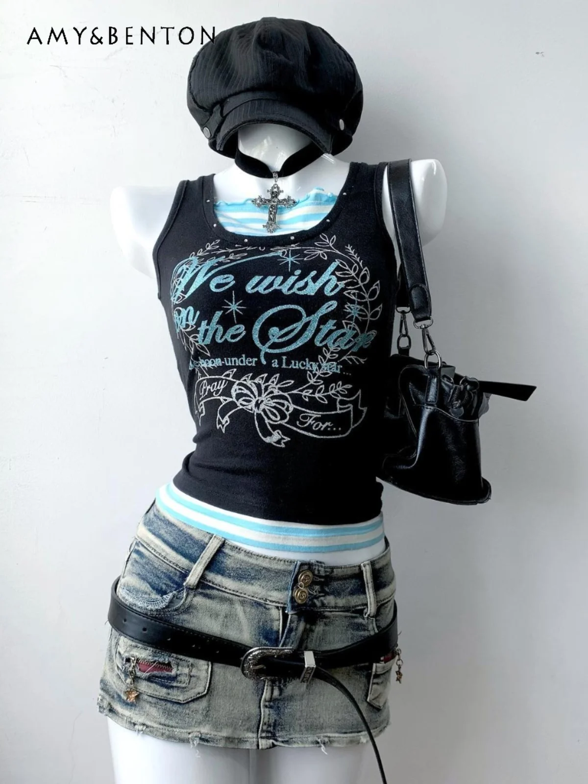 Original Subculture Black Printed Splicing Vest Top Women's Summer Street Punk Style Vintage Spicy Girl Y2K Suspenders Crop Tops