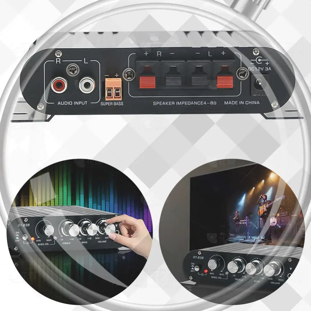 

Усилитель звука ST-838 12В HiFi 2.1-канальный стерео с регулировкой басов и высоких частот, 80Вт*2, для сабвуфера, черный, для автомобиля и дома