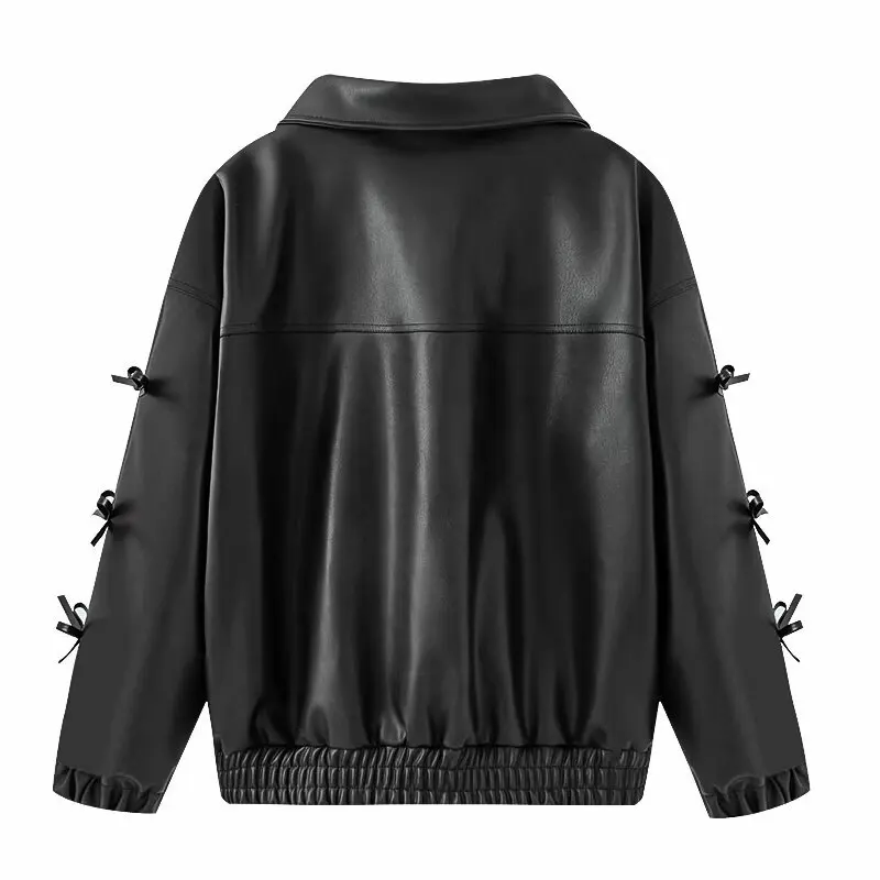 Veste en cuir pour femmes, haut de gamme, tendance, décorée avec nœud, Design élégant pour femmes contemporaines, automne 2025