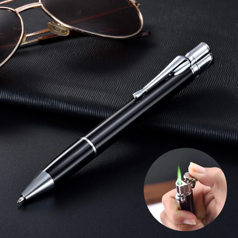 Creative Ballpoint Pen Lighter Metal Windproof Jet Green Torch Lighter Butane Gas 1300C Cigar Lighter Men's Gadget Gift