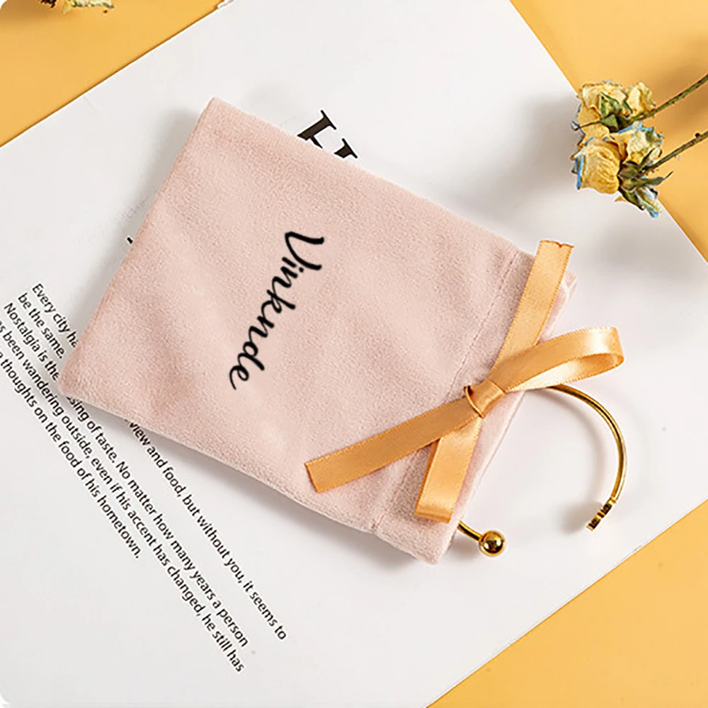 

50pack Customizable Logo Velvet with Drawstring Gold Ribbon Bow Jewelry Packaging Bags Wedding Earrings Bracelets Storage Pouch